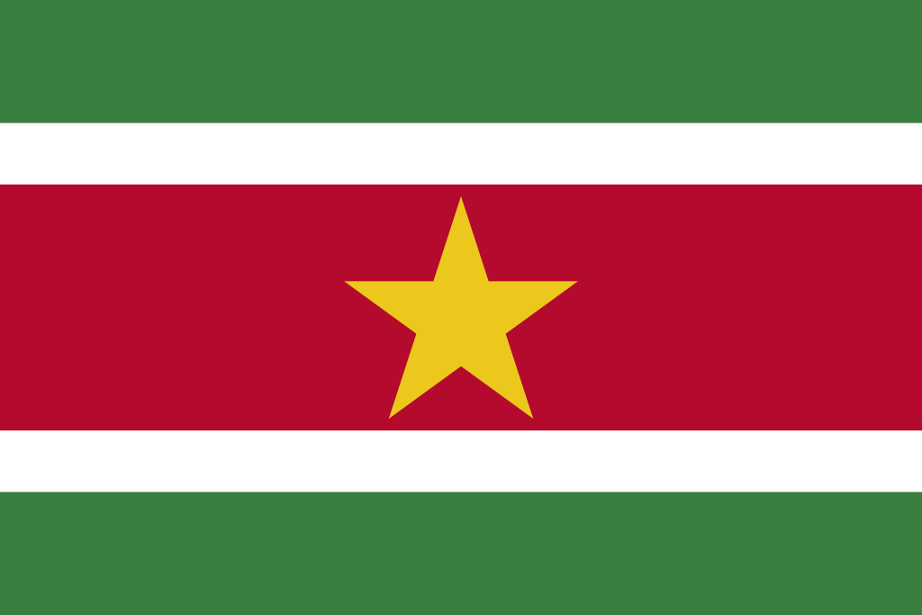 Suriname zászlaja. Az arany csillag a fényes jövőt, a fehér az igazságot, a zöld a termékeny földeket és az erdőségeket, a vörös pedig a jobb életért folytatott küzdelmet jelképezi. (forrás: Wikipedia)