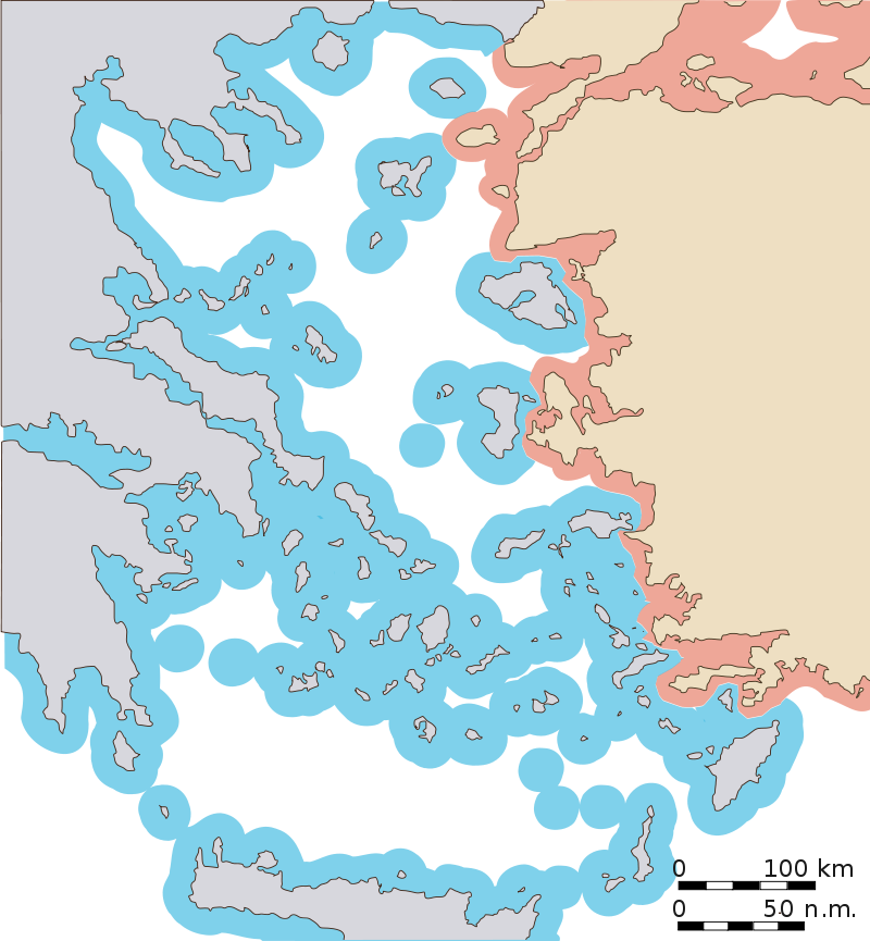 A 6 tengeri mérföldes határok, amelyeket a tenger esetében Görögország és Törökország is elismer; a légtér tekintetében azonban csak Törökország tartja kötelező érvényűnek. (forrás: Wikipedia)