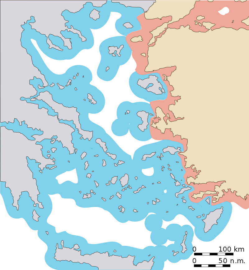 10 tengeri mérföldes határ, amelyet a légtér esetében Görögország ismer el, s próbál érvényt szerezni a légierő segítségével. (forrás: Wikipedia)