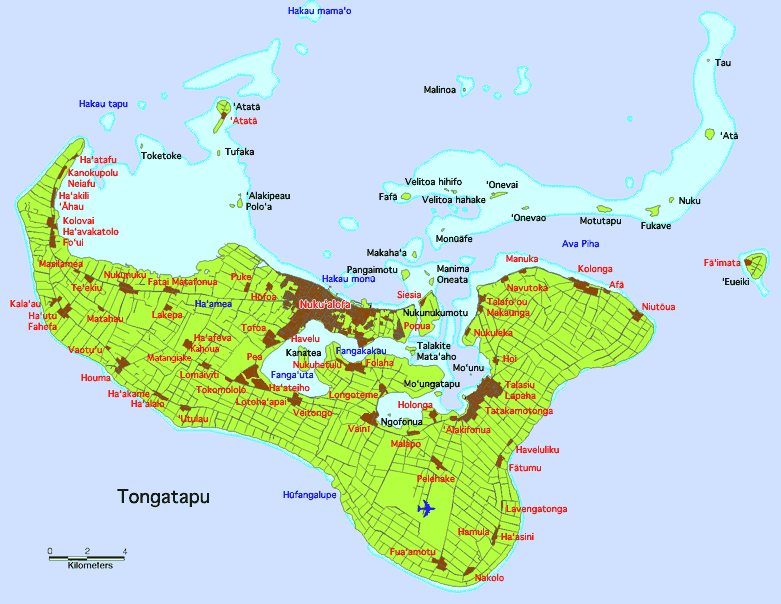 A népesség nagy részének otthont adó Tongatapu sziget térképe. (forrás: Wikipedia)