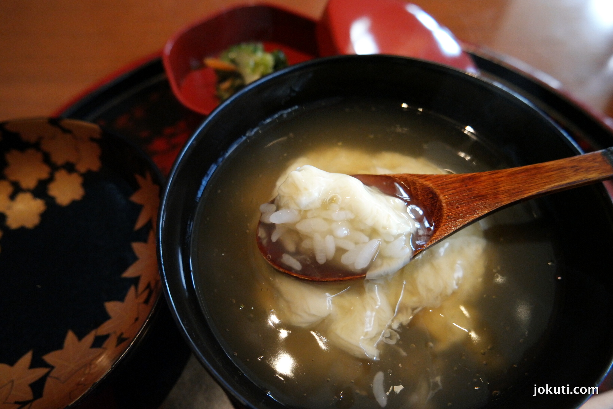 Steamed rice, tofu skin, hot broth, Japanese pickles