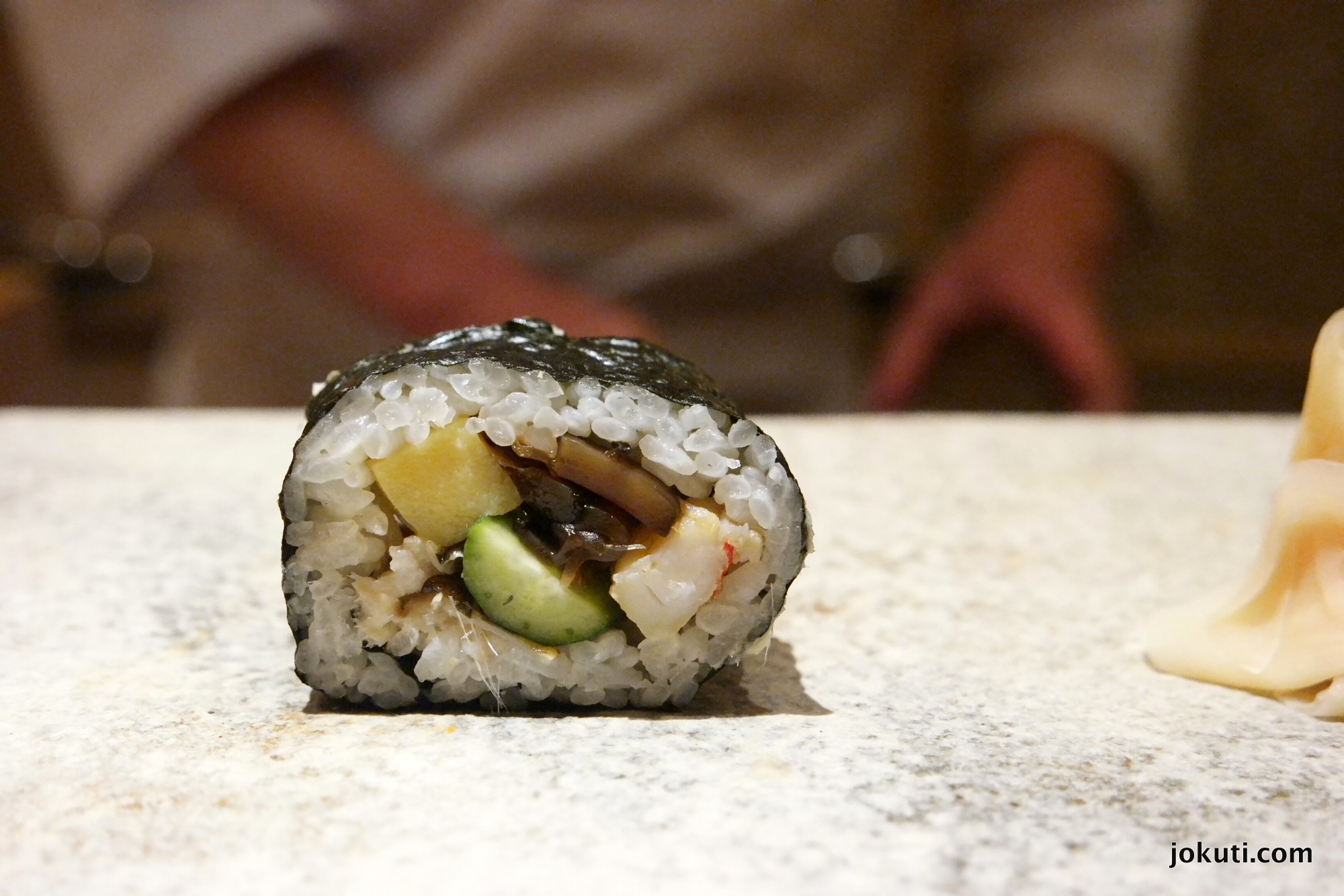 Futomaki (anago (sea eel), tamago (egg), shrimp, kanpyo (dried shavings of calabash), cucumber)<br /><br />