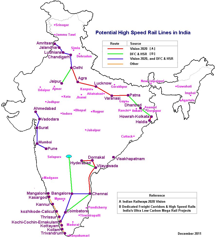india tervezett nagysebességű vasúthálózata térkép