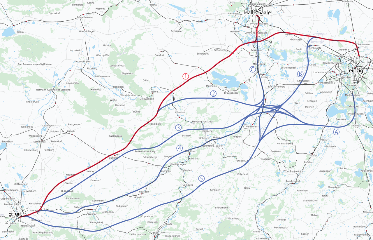 németország, nagysebességű vasút, Erfurt-Lipcse/Halle nagysebességű vasútvonal, térképvázlat