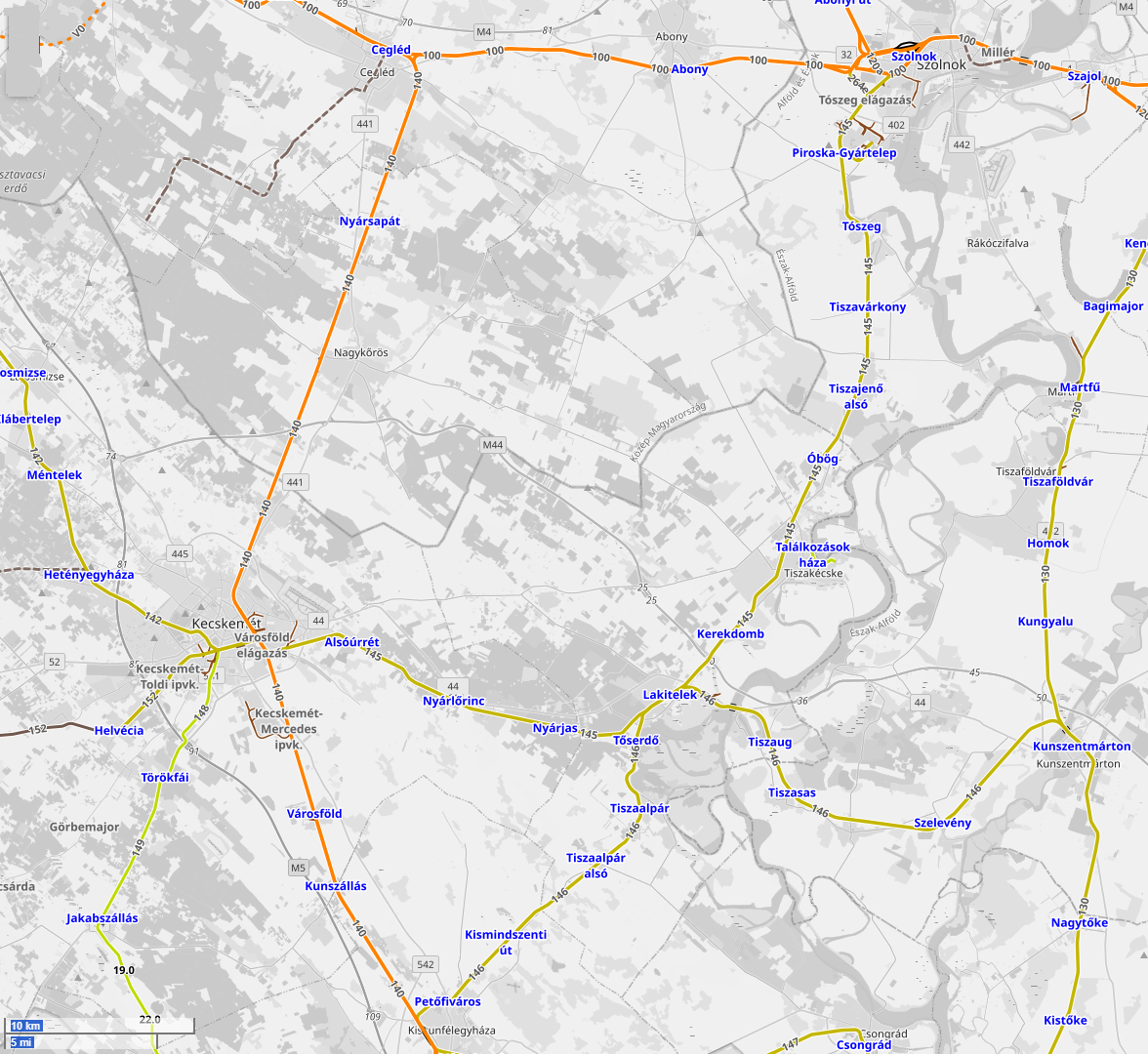 Cegléd-Szolnok-Lakitelek-Kiskunfélegyháza-Kecskemét vasútvonalai