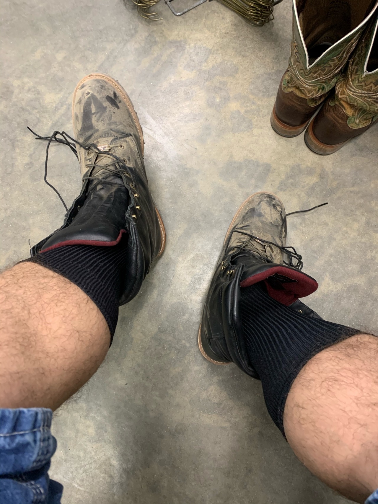 SMELLS — Black nylon socks in work boots,