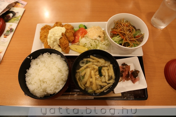 enyém kaja, halas valami masszával meg zöldséggel töltött tempura, miso leves, saláta, rizs meg valami gyanús küllemű és viselkedésű zöldség jobbra a kis fehér tányéron